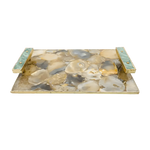 Rectangular agate serving tray with brown and grey mosaic agate surface, gold frame and two green agate bar handles