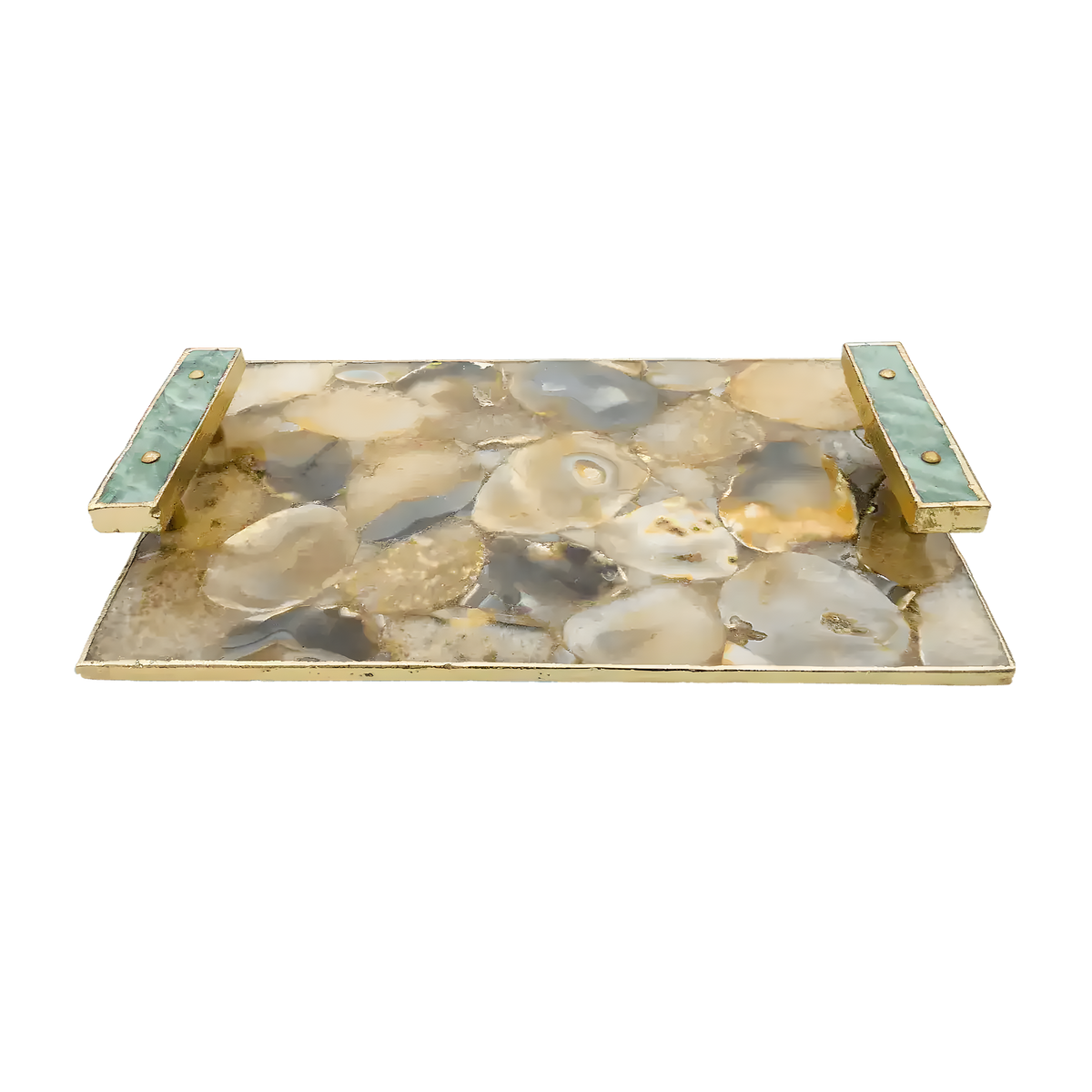 Rectangular agate serving tray with brown and grey mosaic agate surface, gold frame and two green agate bar handles