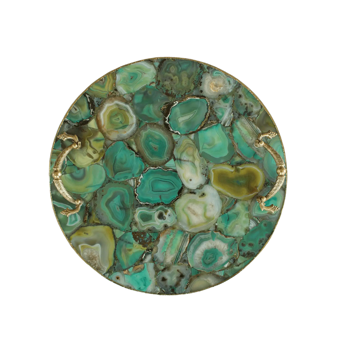 Green Agate Round Serving Tray With Brass Handles 16 inches Rose Gold