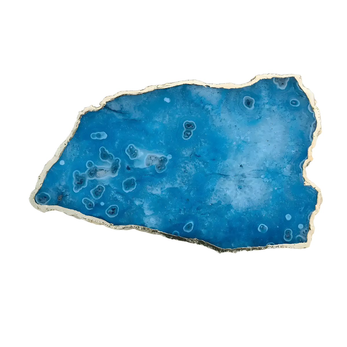 Organic-shaped large blue agate cheese platter with vibrant blue stone surface, circular ring markings, gold-painted raw edge