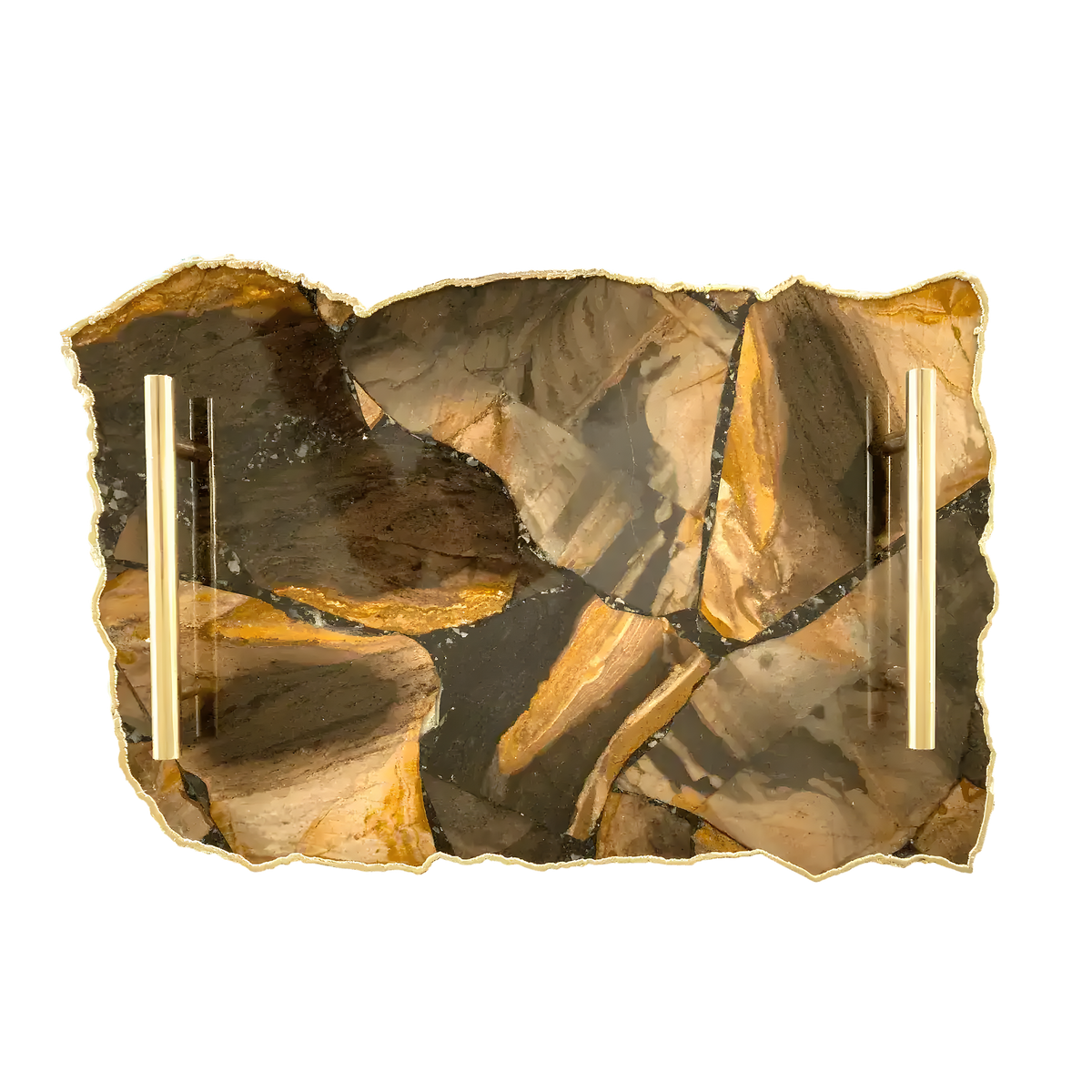 Top-down of large brown agate serving tray, rectangular freeform brown and tan agate mosaic slab, jagged gold rim and brass bar handles