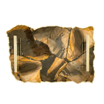 Top-down of large brown agate serving tray, rectangular freeform brown and tan agate mosaic slab, jagged gold rim and brass bar handles