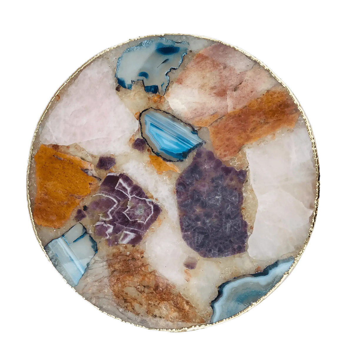 Large Multicolored Round Agate Platter Tray Rose Gold