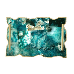 Large rectangular composite green agate serving tray with mosaic of green agate slices in forest, mint and seafoam tones, gold wavy rim