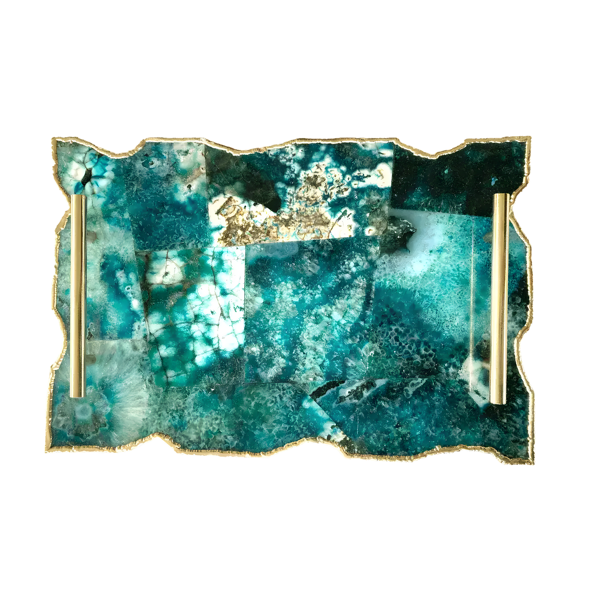 Large rectangular composite green agate serving tray with mosaic of green agate slices in forest, mint and seafoam tones, gold wavy rim