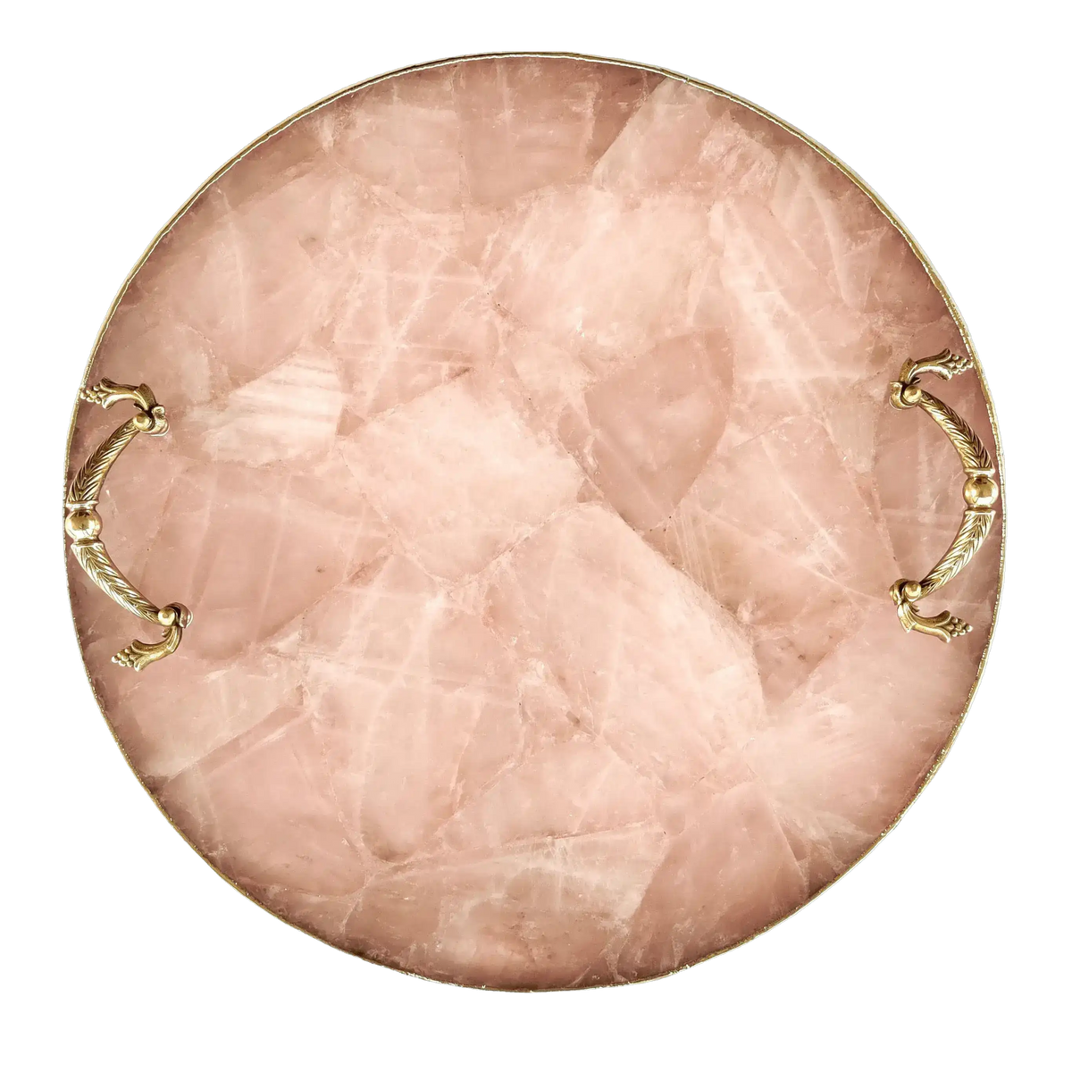 Rose Quartz Agate Round Serving Tray With Brass Handles 14 inches Rose Gold