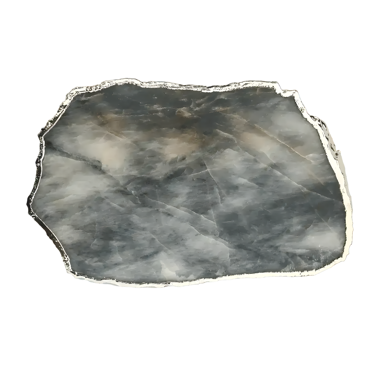 Large grey agate quartz cheese platter tray top-down view, translucent smoky grey surface with silver-plated raw edge