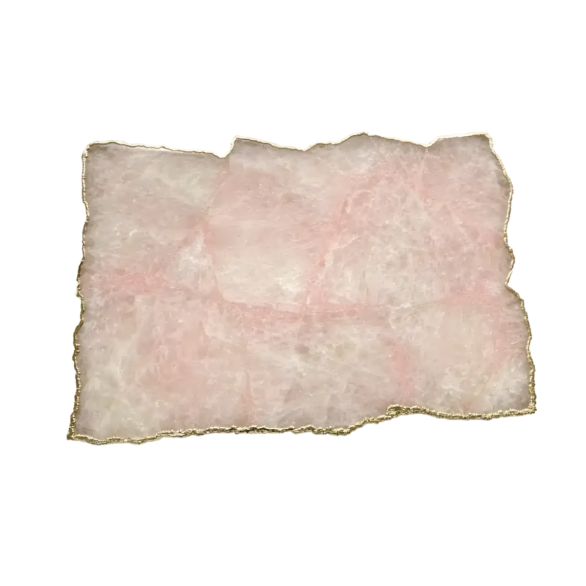 Overhead of large rose quartz agate cheese platter tray — soft blush pink rectangular stone slab with rough jagged gold foil edge