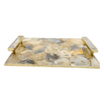 Rectangular brown plated agate serving tray angled view, mosaic natural grey-cream agate in gold frame, quartz handles