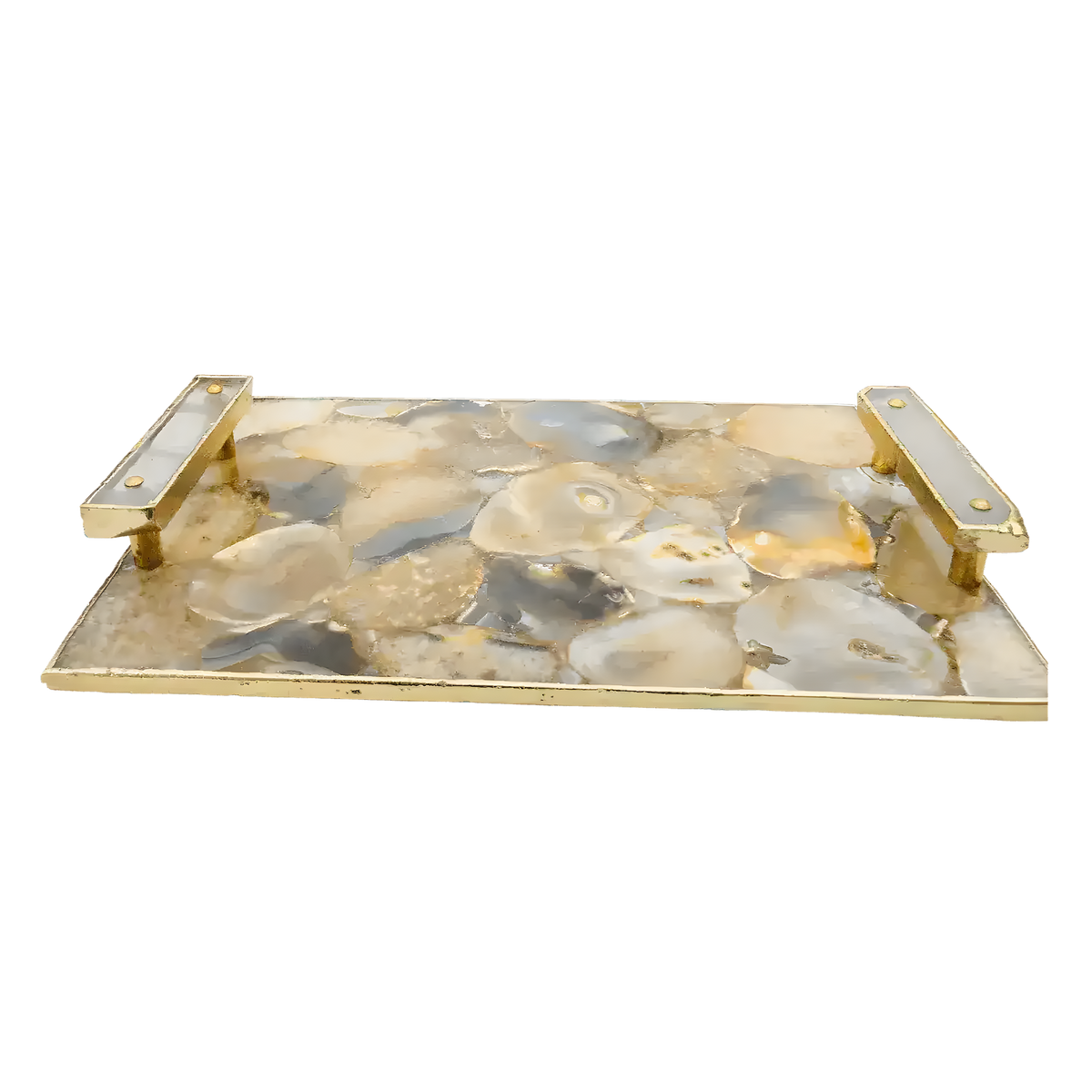 Rectangular brown plated agate serving tray angled view, mosaic natural grey-cream agate in gold frame, quartz handles