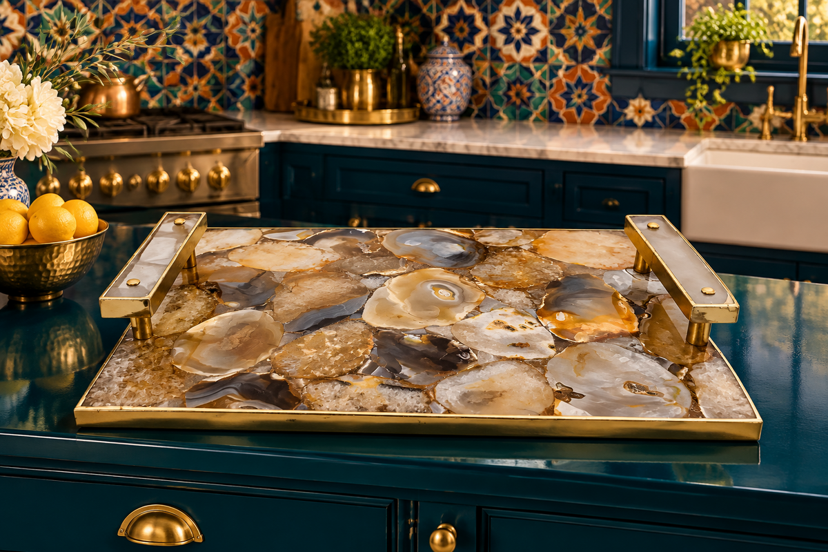 Brown Plated Agate Serving Tray With Clear Quartz Handles