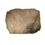 Smoky grey quartz agate cheese platter tray top-down view, translucent brown slab with rough gold-rimmed natural edge