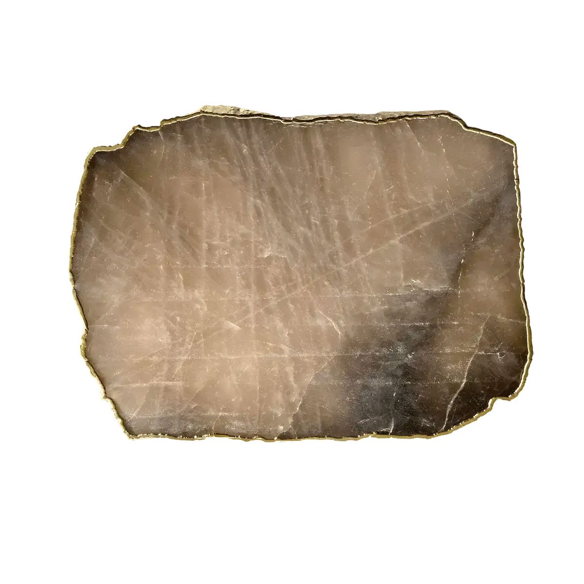 Smoky grey quartz agate cheese platter tray top-down view, translucent brown slab with rough gold-rimmed natural edge