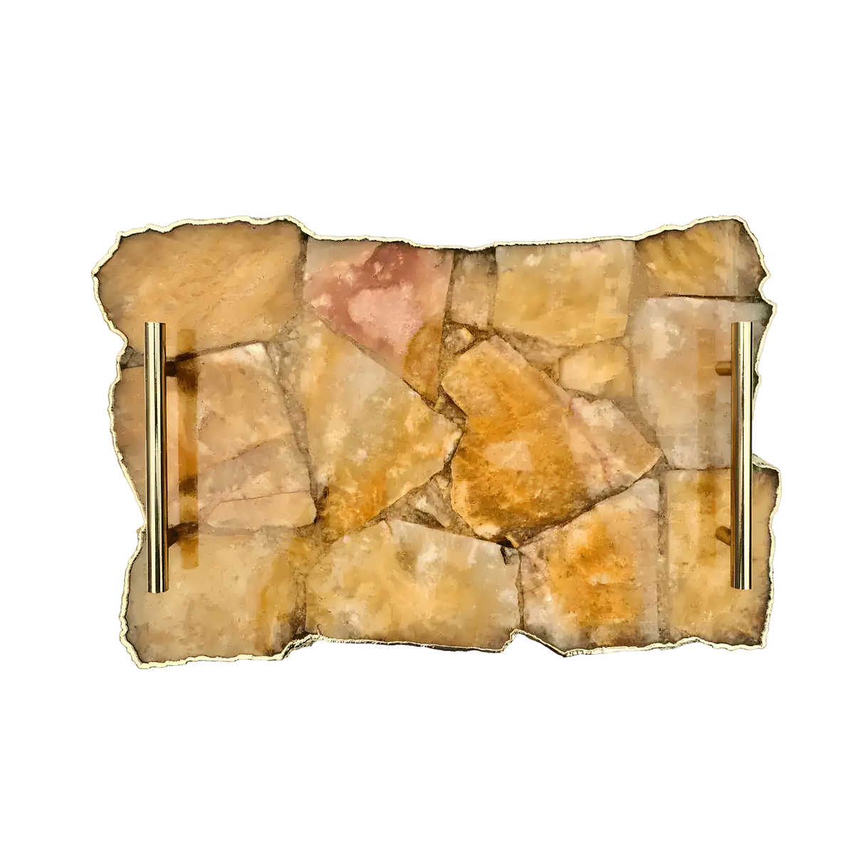Top-down view of large golden brown agate serving tray with mosaic amber and cream stone slabs and two gold bar handles