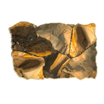 Rectangular brown agate cheese platter showing large triangular stone slabs in amber-brown and dark grey with gold-veined joins