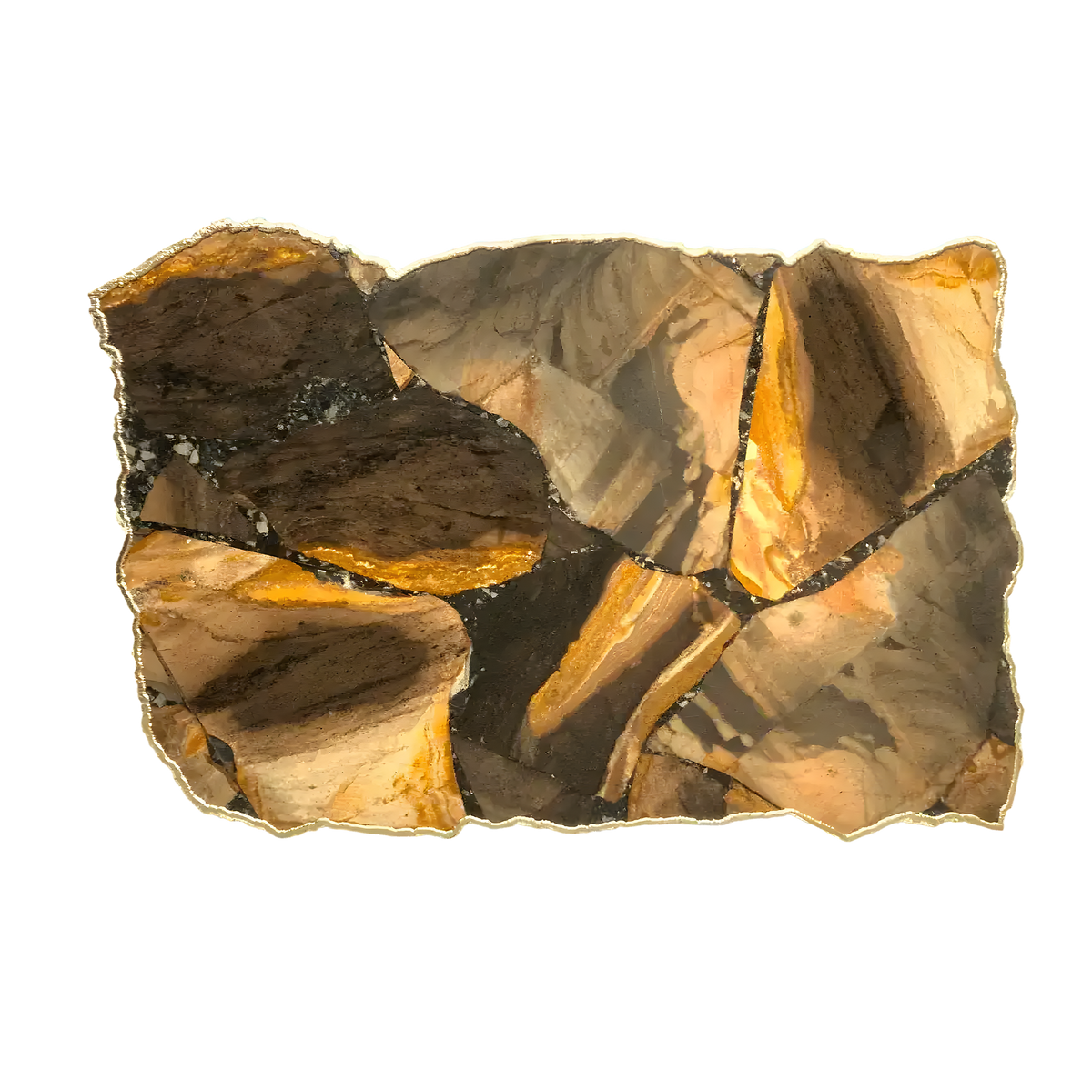 Rectangular brown agate cheese platter showing large triangular stone slabs in amber-brown and dark grey with gold-veined joins