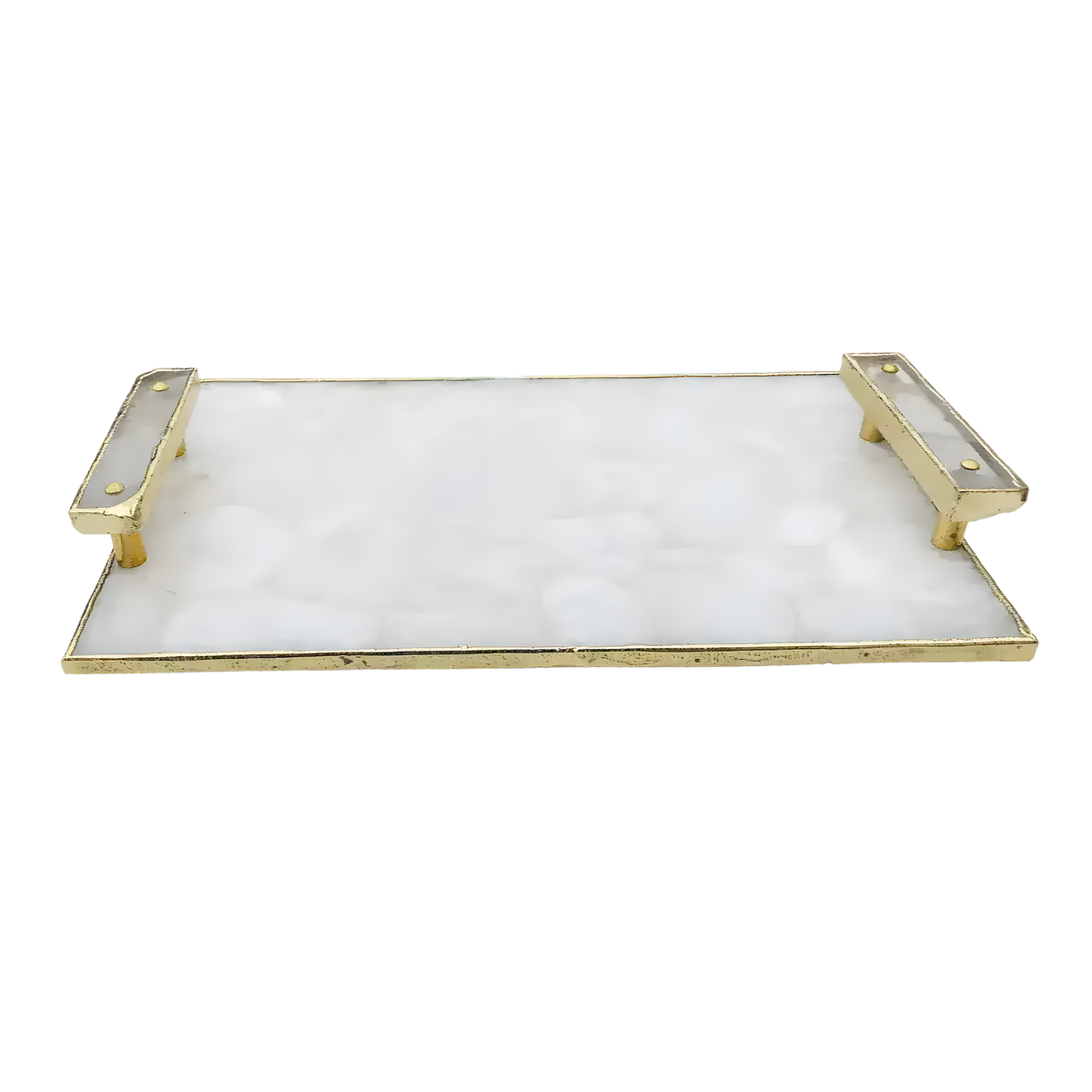 Full overhead view of white crystal agate serving tray with clear quartz handles and gold frame, white background
