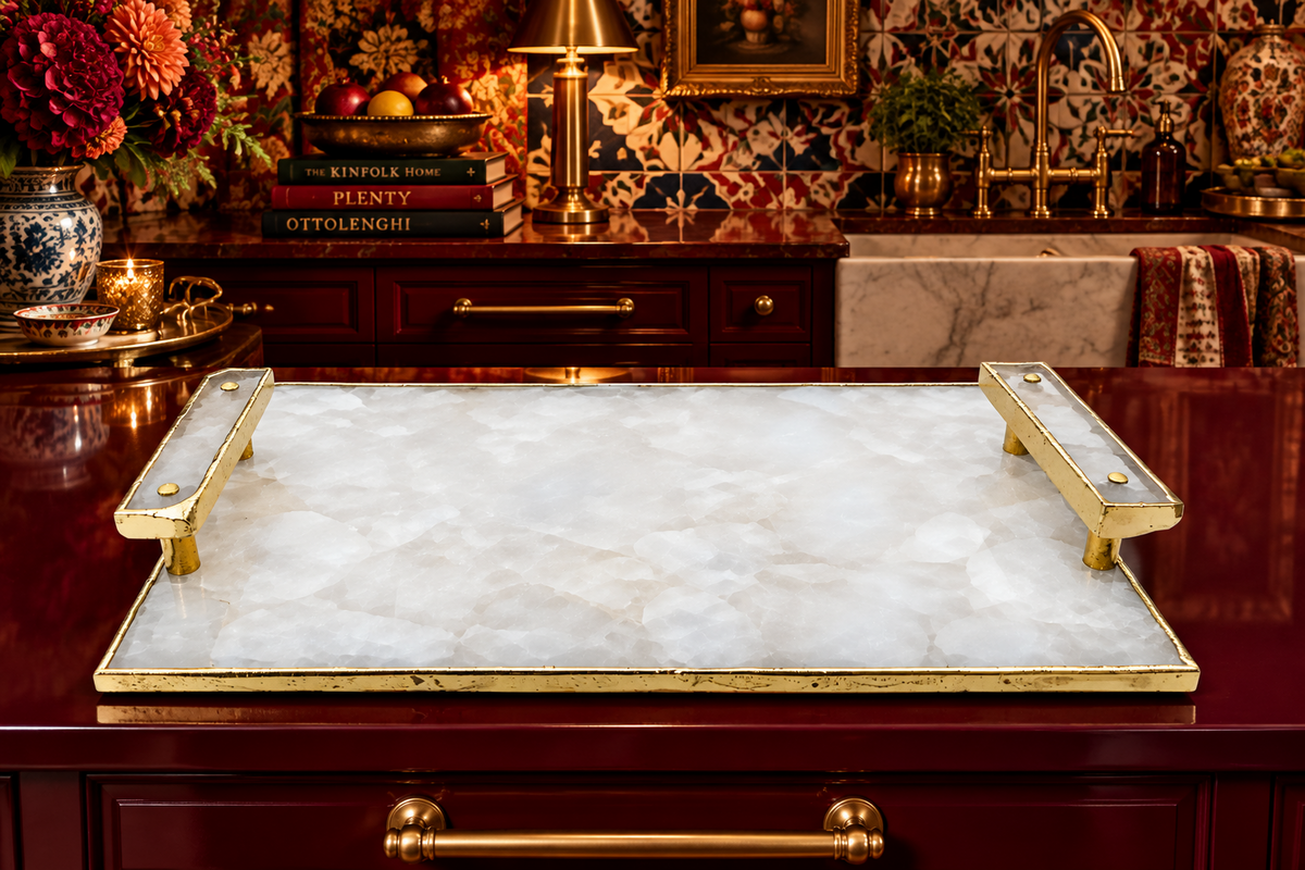 White Crystal Agate Plated Serving Tray With Clear Quartz Handles