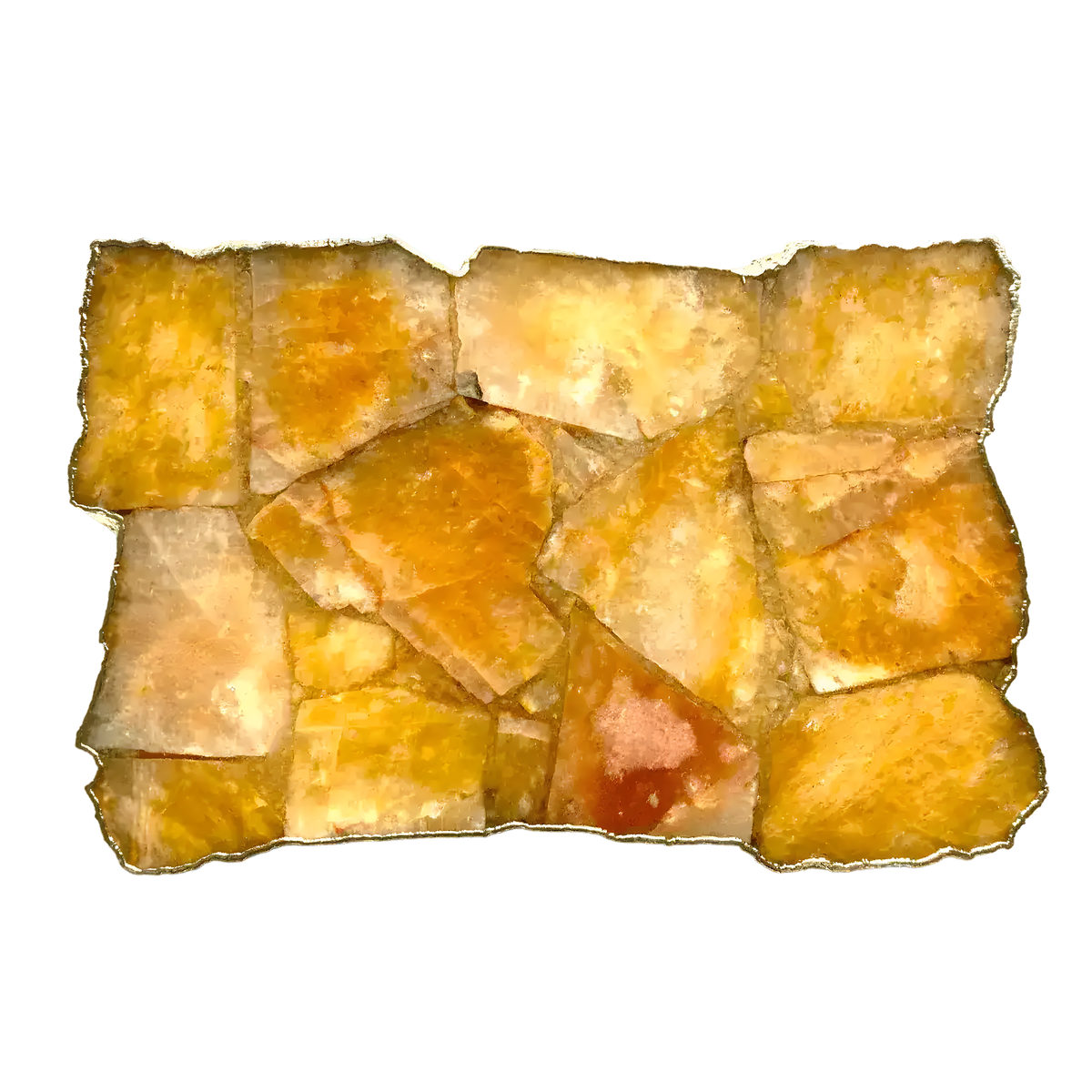 Large golden brown agate cheese platter — warm amber-gold agate mosaic in irregular polygon arrangement, scalloped gold edge