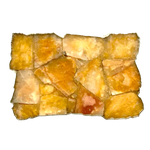 Large golden brown agate cheese platter — warm amber-gold agate mosaic in irregular polygon arrangement, scalloped gold edge