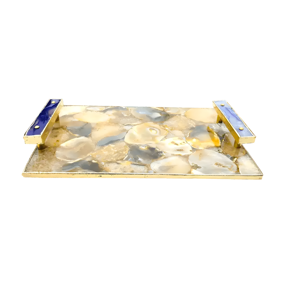 Angled view of brown plated agate tray, cream and grey agate mosaic top in gold frame with two purple onyx stone bar handles