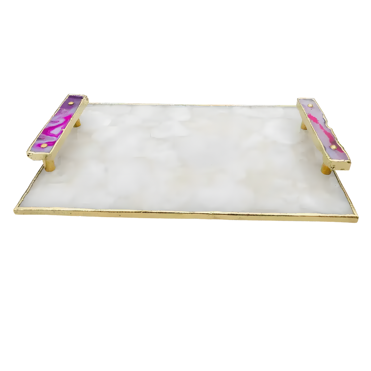 Angled view of white crystal agate serving tray — white hexagonal crystal mosaic surface with gold edge frame and two pink agate onyx handles