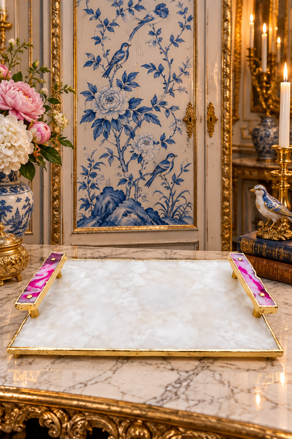 White Crystal Agate Plated Serving Tray With Pink Agate Onyx Handles