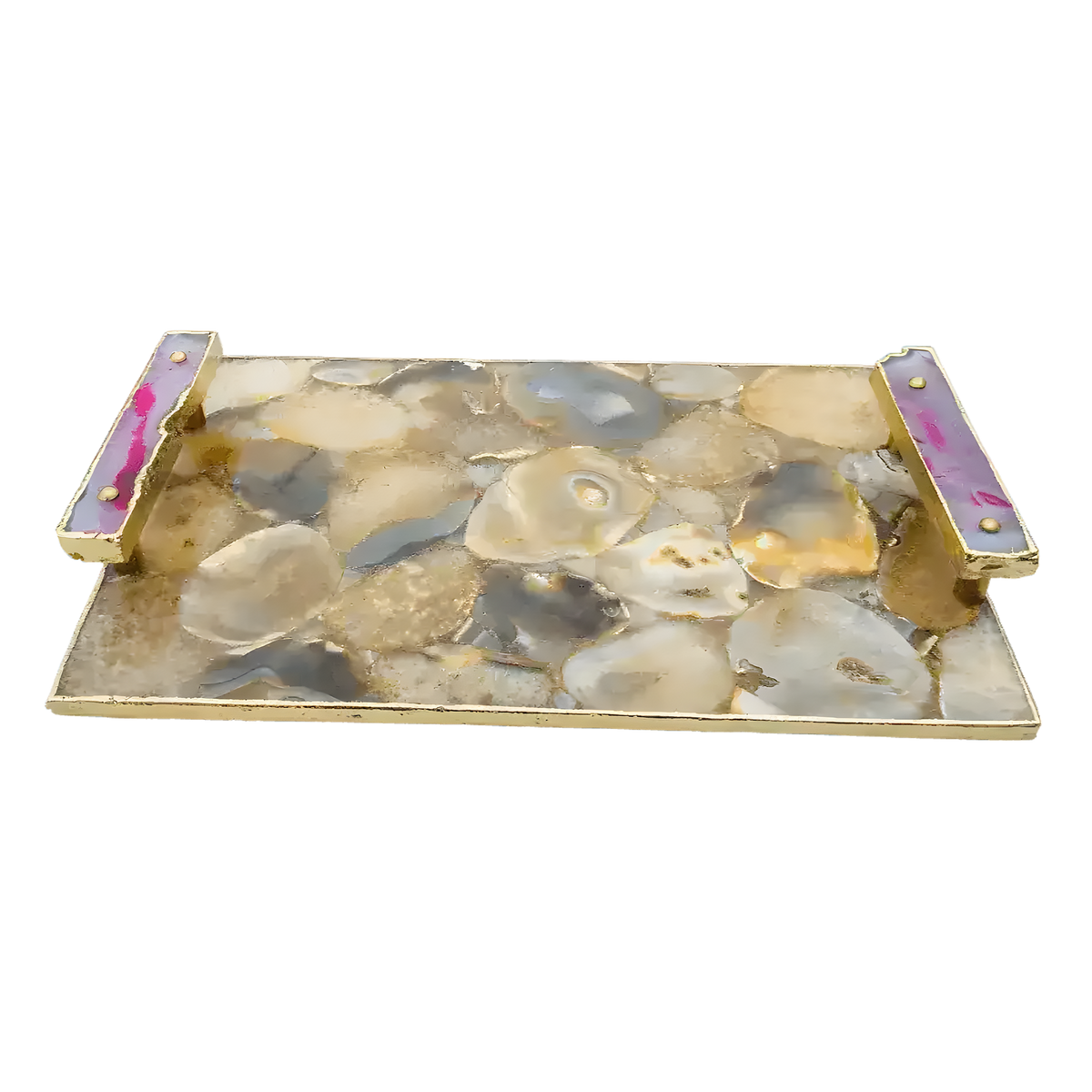 3/4 angled view of brown plated agate serving tray with beige and grey round agate slices, gold frame, two pink onyx handles