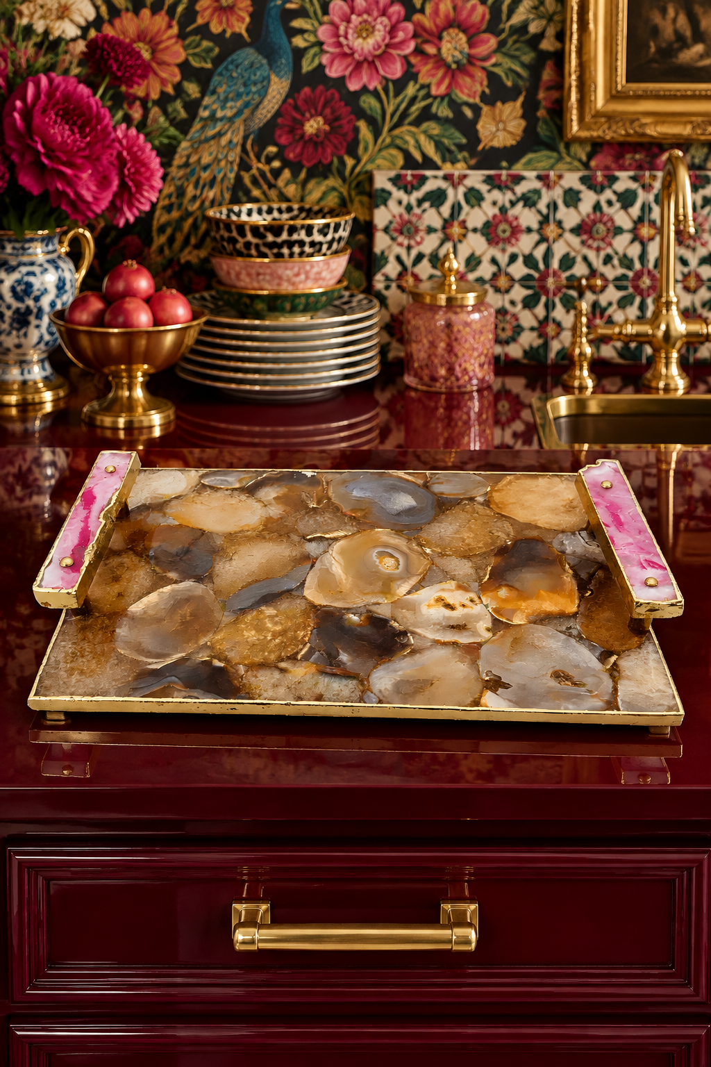 Brown Plated Agate Serving Tray With Pink Onyx Agate Handles