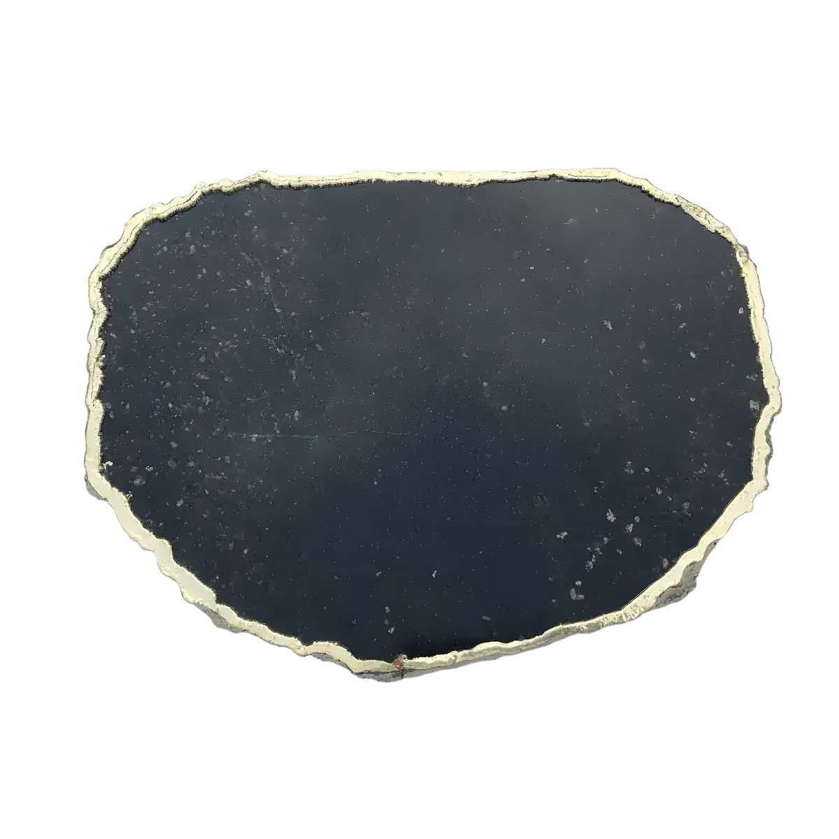 Oval black galaxy granite cheese platter with flat matte dark surface, white mineral speckles and gold serrated organic edge trim
