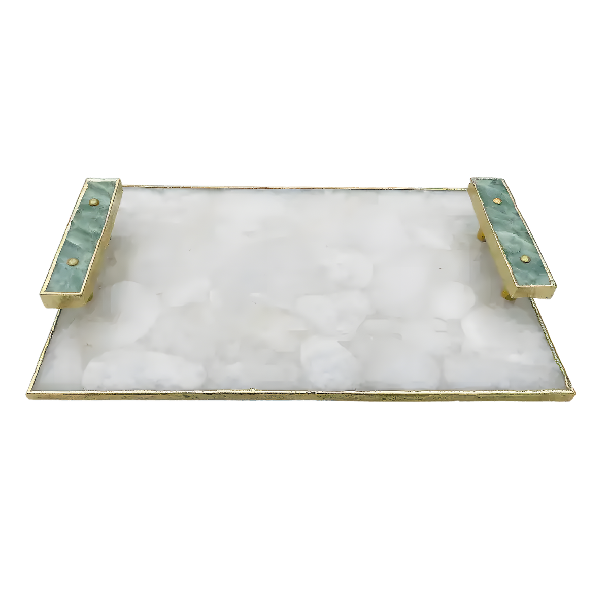 Angled view of white crystal agate serving tray, white crystal agate stone mosaic surface, gold frame and two teal green agate bar handles