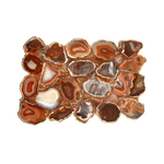 Large rectangular red agate cheese platter tray with mosaic of rust-red, amber and dark chocolate agate slices with banded patterns, gold rim