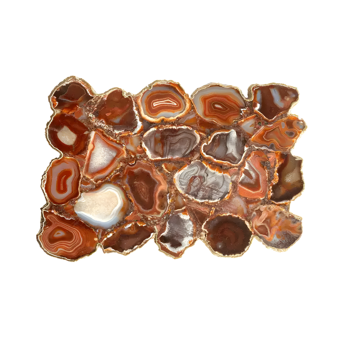 Large rectangular red agate cheese platter tray with mosaic of rust-red, amber and dark chocolate agate slices with banded patterns, gold rim