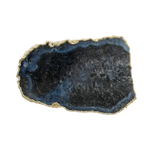 Flat top-down view of large black and blue agate cheese platter tray with dark druzy surface and gold rough rim