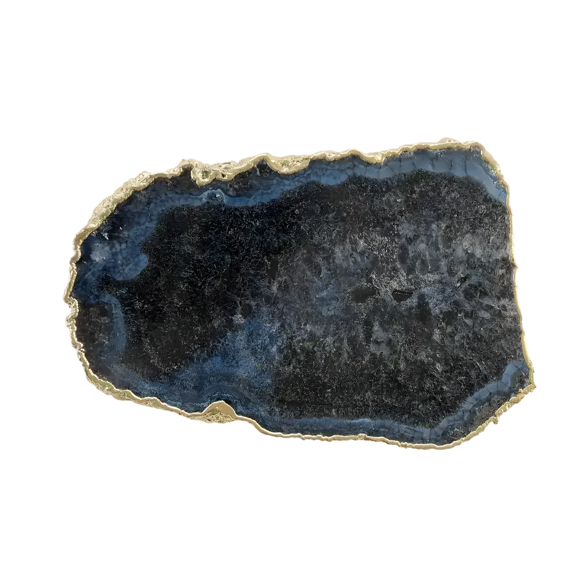 Flat top-down view of large black and blue agate cheese platter tray with dark druzy surface and gold rough rim