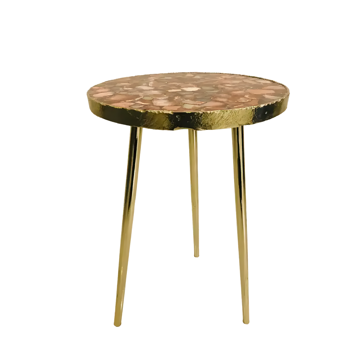 Round red agate coffee table with mosaic amber, grey and cream stone top on three slim brass legs