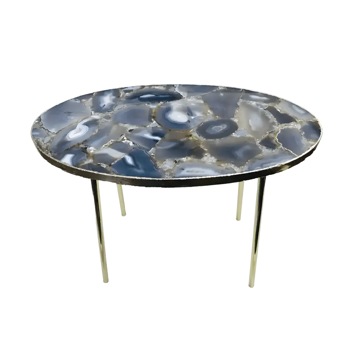 Oval agate gemstone side table, blue-grey mosaic agate top with banded concentric patterns and white centres on four slim gold legs