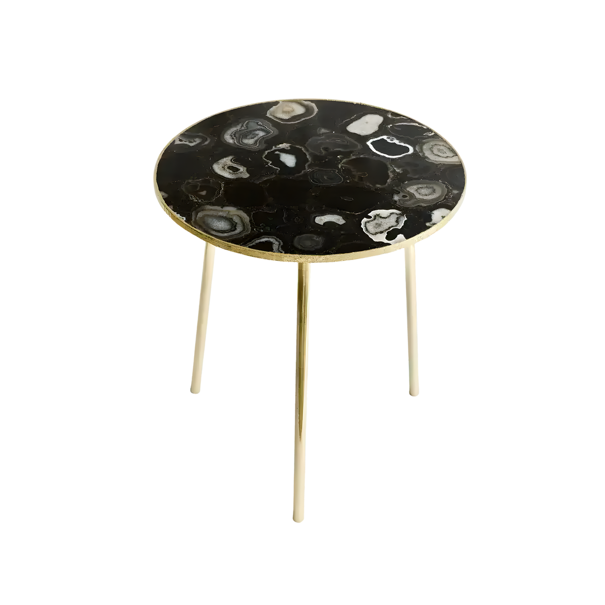 Black agate round coffee accent table — circular black agate slab with swirling grey and white ring patterns on gold legs