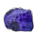 Large oval purple-blue galaxy agate cheese platter with deep violet and midnight blue tones, organic cloud patterns, silver jagged rim