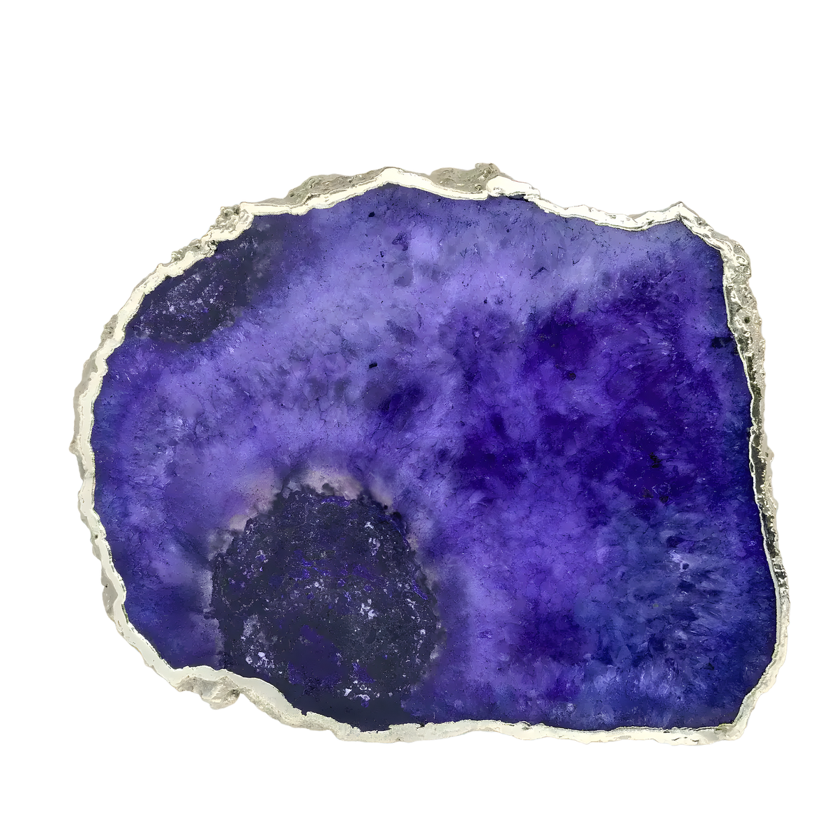 Large oval purple-blue galaxy agate cheese platter with deep violet and midnight blue tones, organic cloud patterns, silver jagged rim