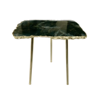 Green agate gemstone accent side table with dark organic stone top, gold-plated jagged edge and three gold metal legs