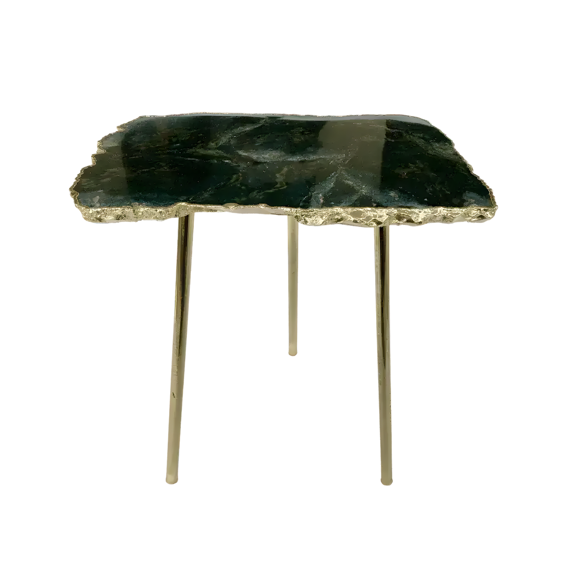 Green agate gemstone accent side table with dark organic stone top, gold-plated jagged edge and three gold metal legs