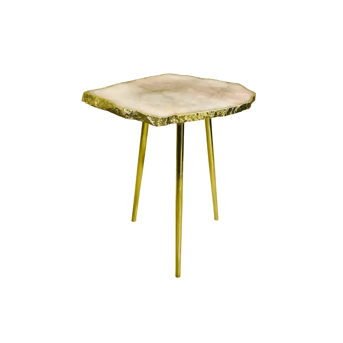 Full front view of rose quartz accent table with pale blush pink slab and gold rough mineral edge on three brass legs
