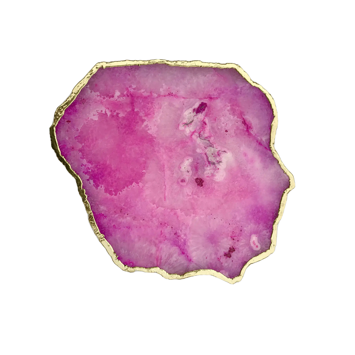 Top-down view of large pink agate cheese platter with vivid fuchsia-pink translucent surface and gold-plated edge