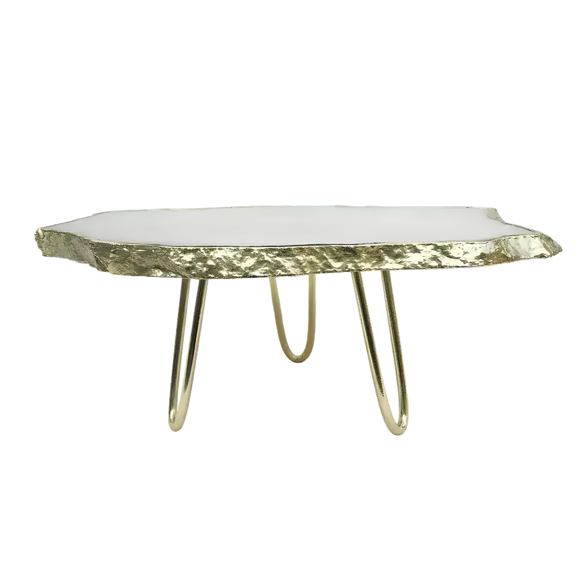 White agate cake stand side view with organic agate slab top, gold-plated jagged edge and three gold hairpin legs