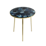 Blue agate round coffee side table — navy and cobalt mosaic round top with concentric ring patterns and gold hammered rim on gold legs