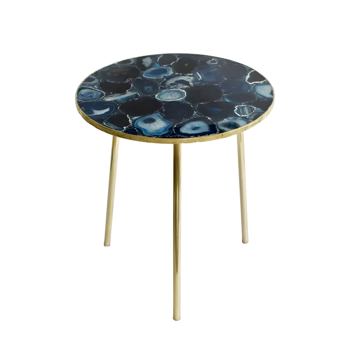 Blue agate round coffee side table — navy and cobalt mosaic round top with concentric ring patterns and gold hammered rim on gold legs