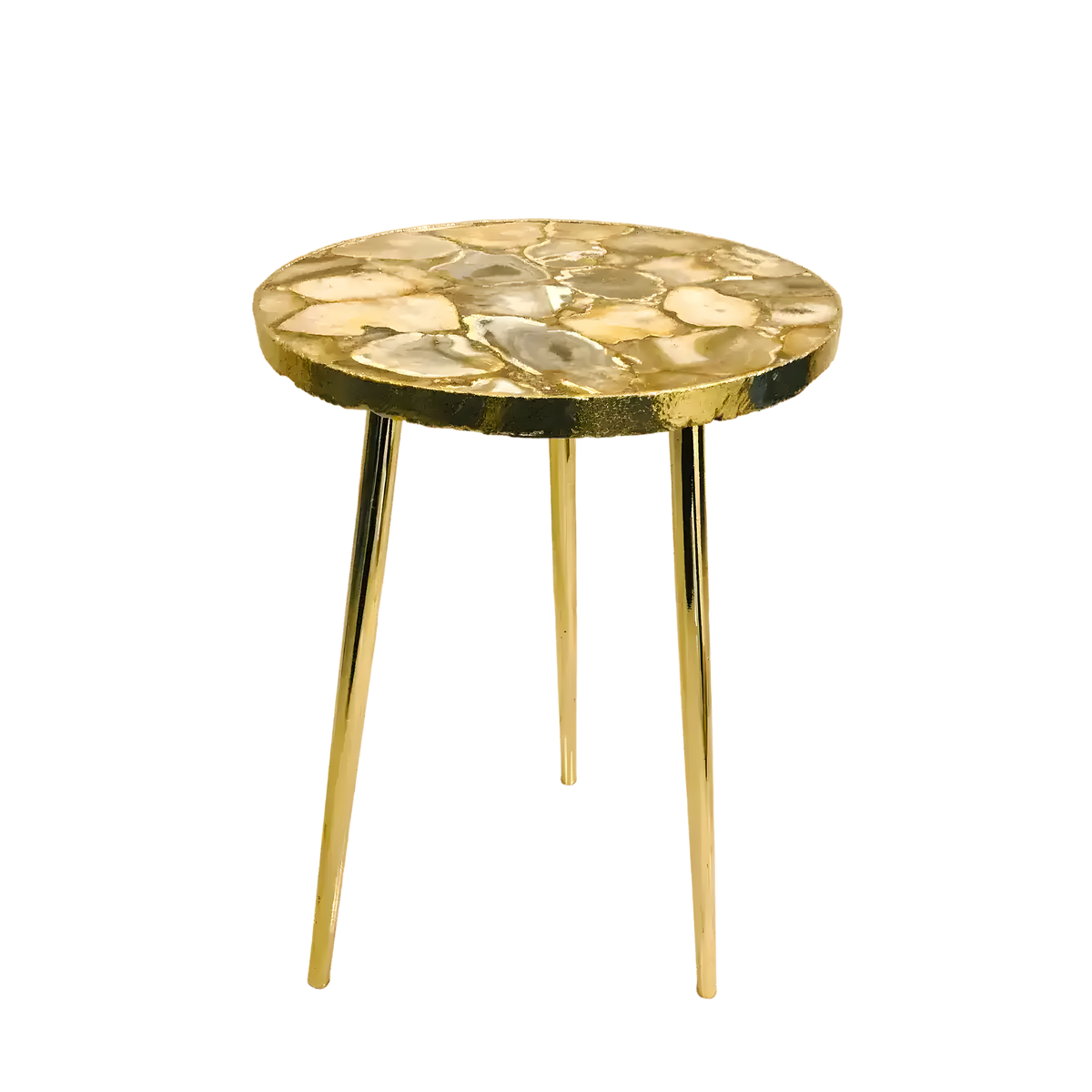 Round golden agate side coffee table with warm amber mosaic top, textured gold rim and three slender gold legs on white background
