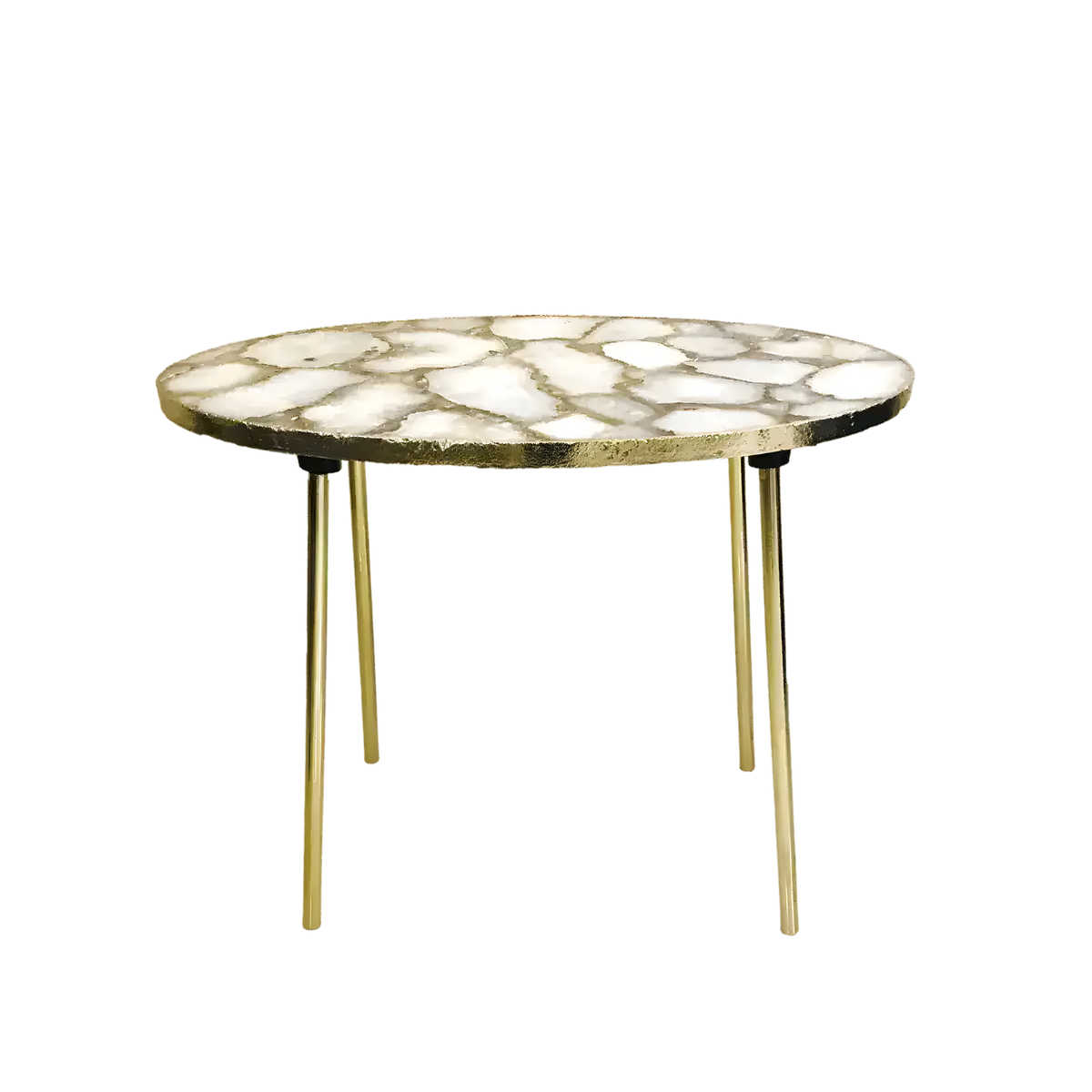 Full 3/4 side view of oval white agate organic edge side table with white agate mosaic top on four slim brass legs