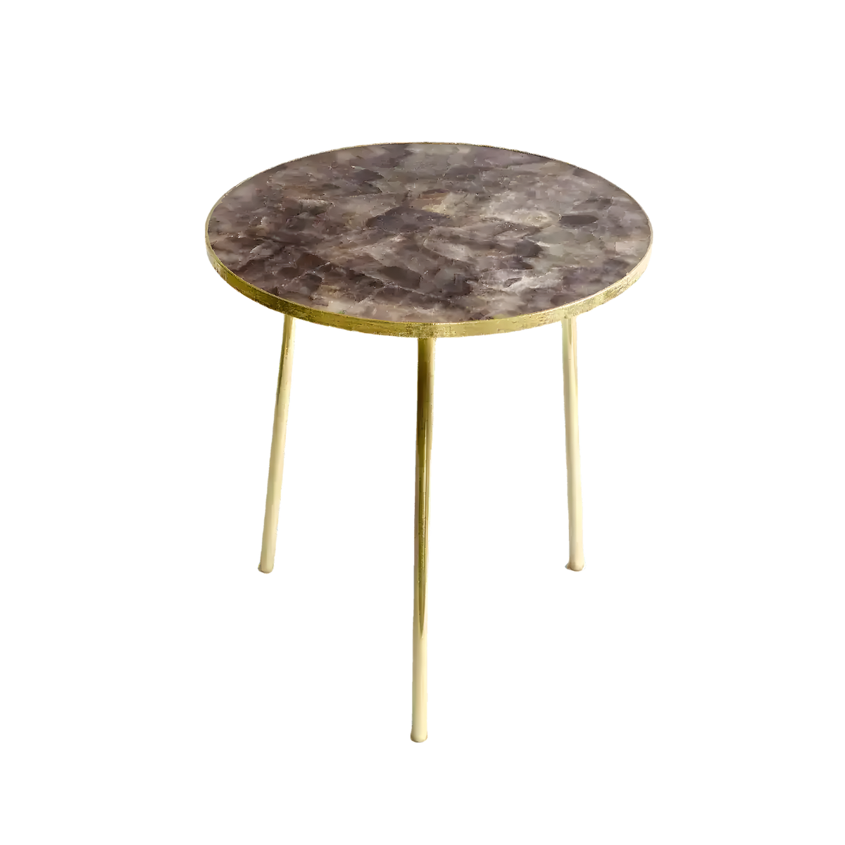 Amethyst round coffee side table — circular amethyst crystal mosaic in purple-grey with gold rim on three brass legs